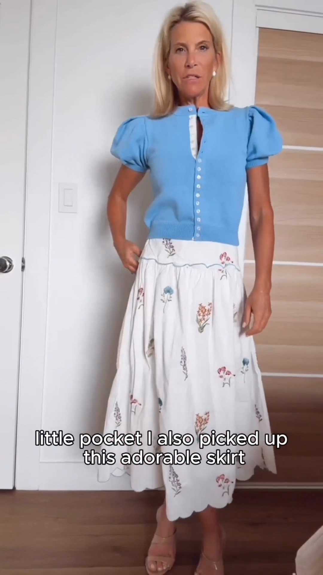 Soft blue top and embroidered white midi skirt.

#LTKOver40 #LTKSeasonal #LTKootd