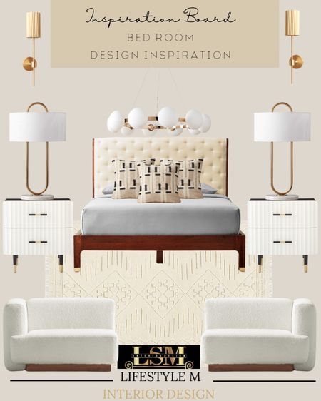 Bed room inspiration. Great look for transitional and farmhouse style homes. Upholstered bed, accent chair, bed room rug, night stand, table lamp, chandelier, wall sconce light, throw pillows. 

#LTKhome #LTKSeasonal #LTKstyletip