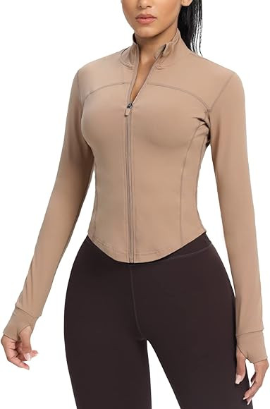 AVGO Women's Cropped Running Workout Jackets Zip Slim Fit Athletic Tops with Thumb Holes | Amazon (US)