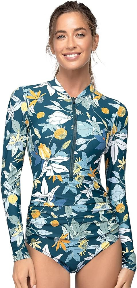 AXESEA Womens Rash Guard Long Sleeve One Piece Swimsuit Ruched Zip Bathing Suit | Amazon (US)
