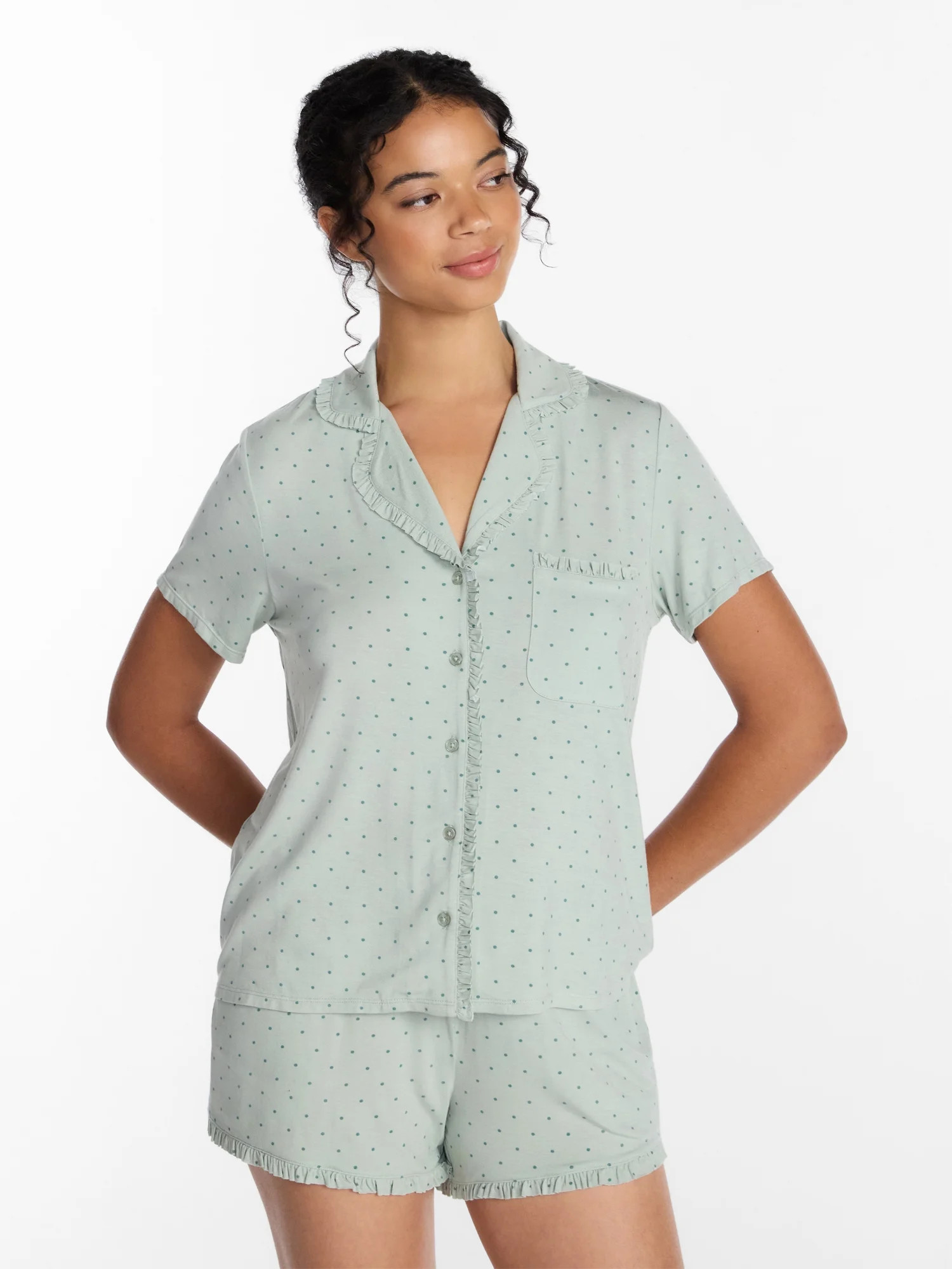 Joyspun Women’s Modal-Blend Ruffle Trim Notch Collar Top and Shorts Pajama Set, 2 Piece, Sizes ... | Walmart (US)