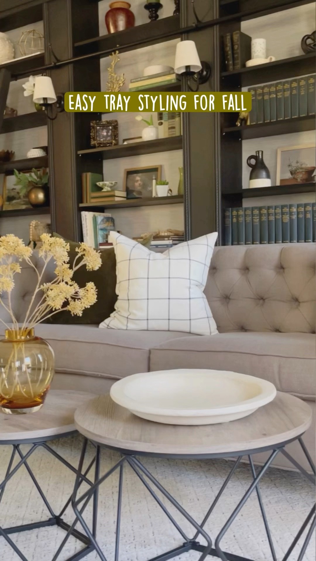 Easy tray styling for Fall. Home decor ideas, living room, family room, decor on a budget, safe flameless candles, home library, coffee table styling, neutral decor, warm and cozy decor. 

#LTKunder50 #LTKhome #LTKSeasonal