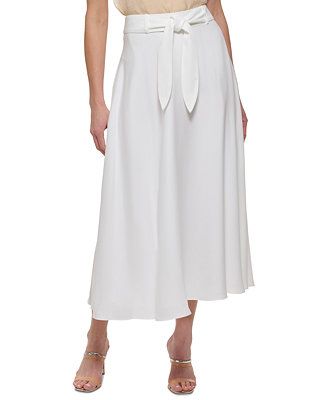 Petite Solid Belted Side-Zip Tie-Waist Midi Skirt | Macys (US)
