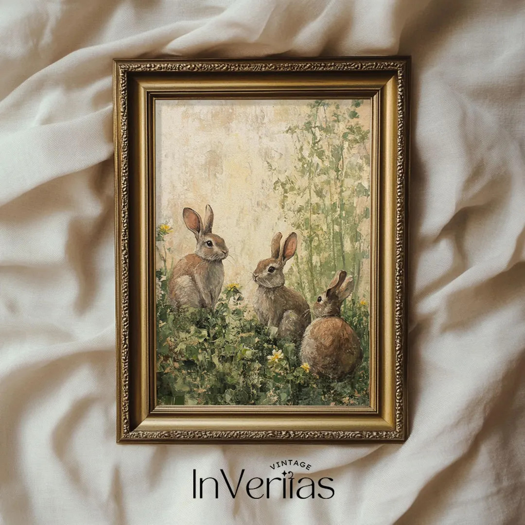 Muted Rabbits in Spring Print Vintage Style Bunny Wall Art | Cozy Cottage Spring Decor | PRINTABL... | Etsy (US)