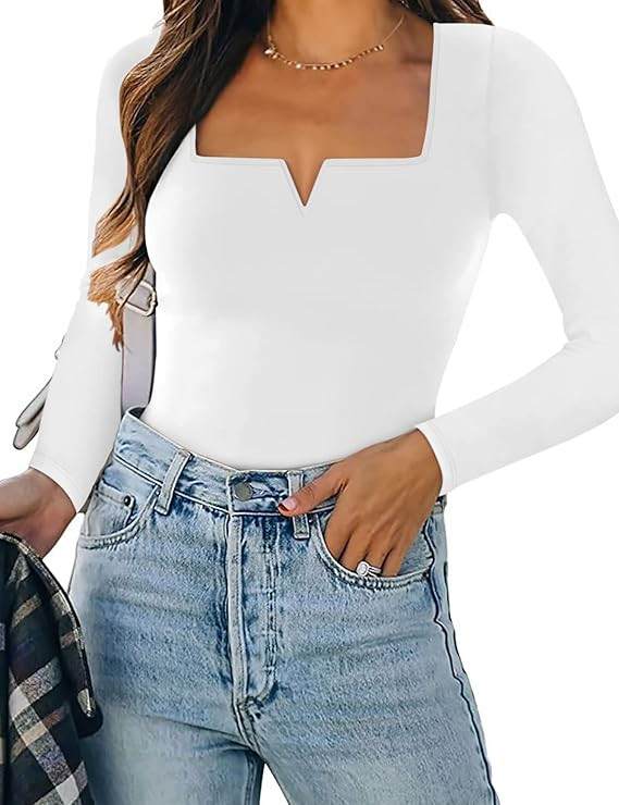 SAUNGKUAI Women's Long Sleeve Short Sleeve Notch Neck Square Neck Thong Bodysuit Tops | Amazon (US)