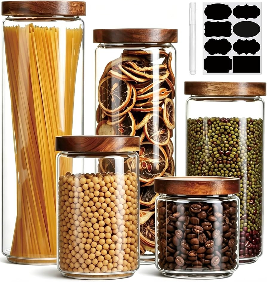 Flrolove Glass Canisters With Wooden Lids Kitchen Jars for Storage,Tea,Sugar and Coffee Container Set,Set of 5 Canisters for Candy, Cookie, Rice and Spice Jars | Amazon (US)