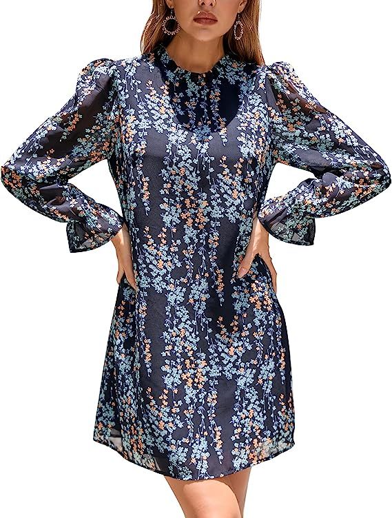 KoJooin Women's Ruffle Mock Neck Long Sleeve Floral Print Mini Dress Casual Pleated Flowy Babydol... | Amazon (US)