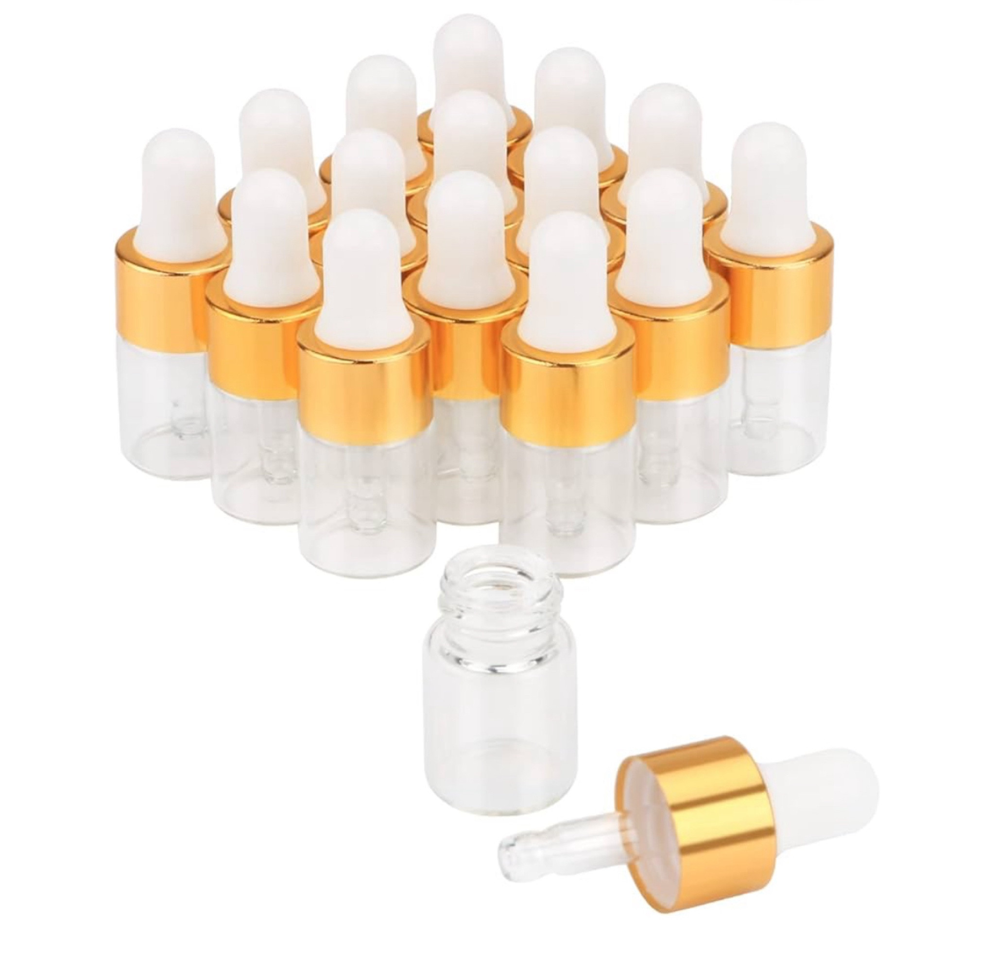 Wresty 2ml(5/8 Dram) Small Mini 15 Pcs Clear Glass Dropper Bottles Essential Oil Vials Travel Refillable DIY Cosmetic Sample Container Liquid Perfume Eye Droppers Bottle (gold cap

#LTKBeauty #LTKTravel