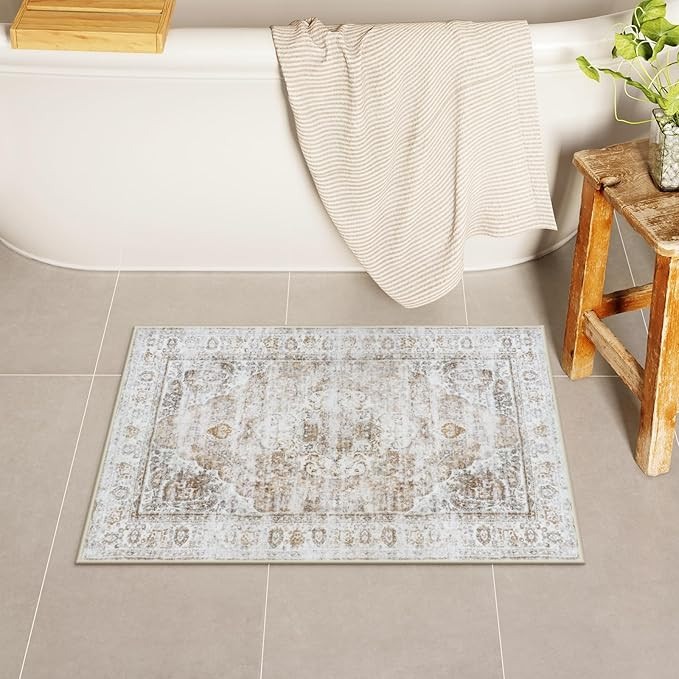 Uphome Boho Small Bath Mat, Distressed Farmhouse Light Khaki Bath Rugs, Comfy Velvet Bathroom Rug... | Amazon (US)