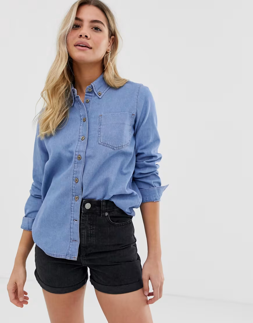 ASOS DESIGN denim shirt in cali light wash-Blue | ASOS (Global)