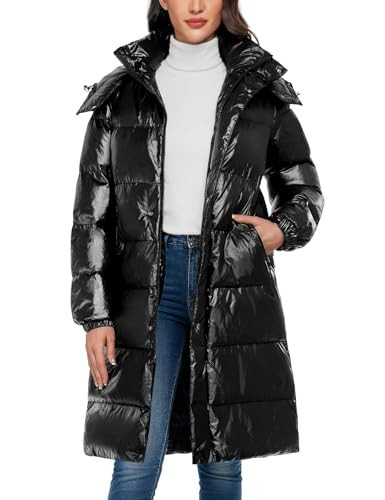 Yusongirl Womens Long Puffer Jacket Winter Shiny Padded Coat Warm Waterproof Down Parka Jacket with Detachable Hood 2025(Black,M) | Amazon (US)