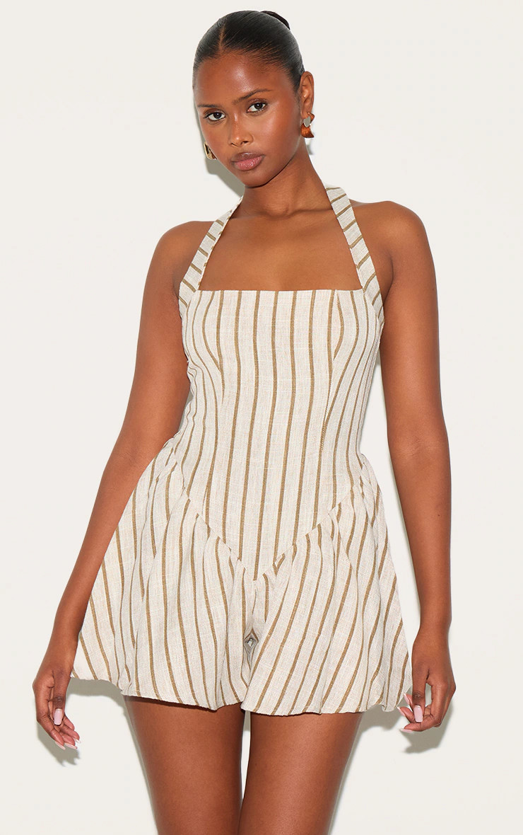 Stone Pinstripe Linen Halter Neck Floaty Playsuit | Pretty Little Thing (Australia & New Zealand)