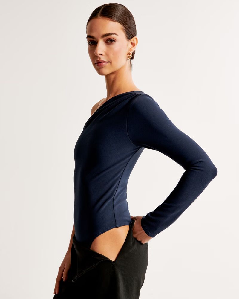 Women's Long-Sleeve Crepe Asymmetrical One-Shoulder Bodysuit | Women's Tops | Abercrombie.com | Abercrombie & Fitch (US)