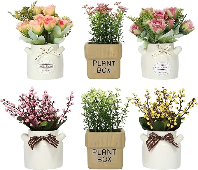 LUEUR 6Pcs Artificial Pot Flowers with Ceramic Potted Fake Flower Arrangements Small Faux Flower ... | Amazon (US)