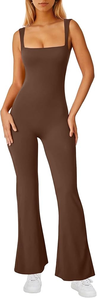 AGSEEM Flare Jumpsuits for Women Sexy Bodycon Square Neck Sleeveless Workout Yoga Romper Playsuit | Amazon (US)