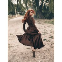 Chocolate Brown Linen Dress, Heavy Maxi Long Sleeve Plus Size Boho Kimono Winter Dress | Etsy (US)