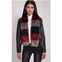 Toni Burgundy Striped Faux Fur Scarf | PrettyLittleThing UK