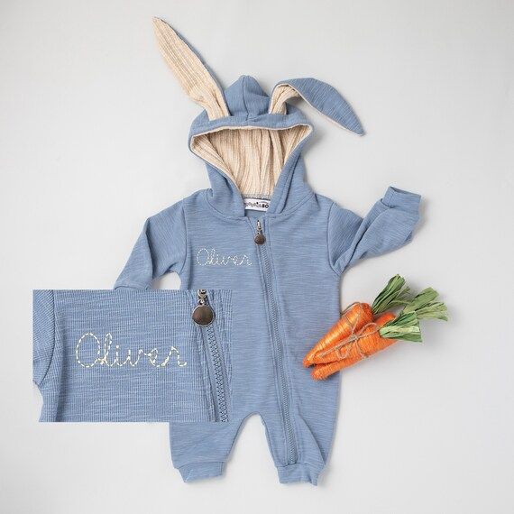 Personalized Embroidered Blue Easter Romper with Bunny Ears.  Easter Egg Hunt Outfit for Boys or ... | Etsy (US)