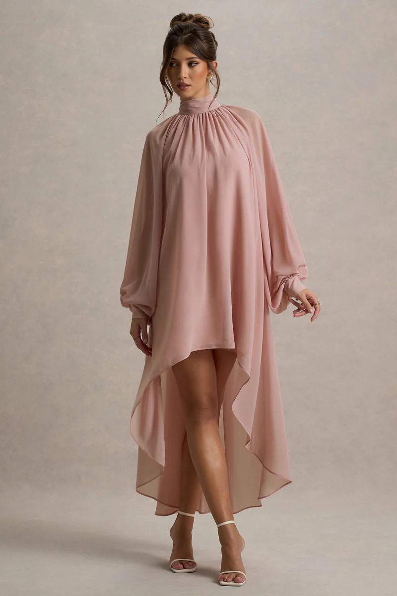 Delphia  Pale Pink High-Neck Maxi Dress With High-Low Hem | Club L London