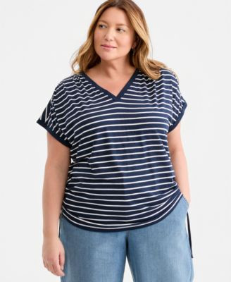 Style & Co Plus Size Printed Ruched Tie-Hem V-Neck Top, Macy's Exclusive - Navy | Macy's
