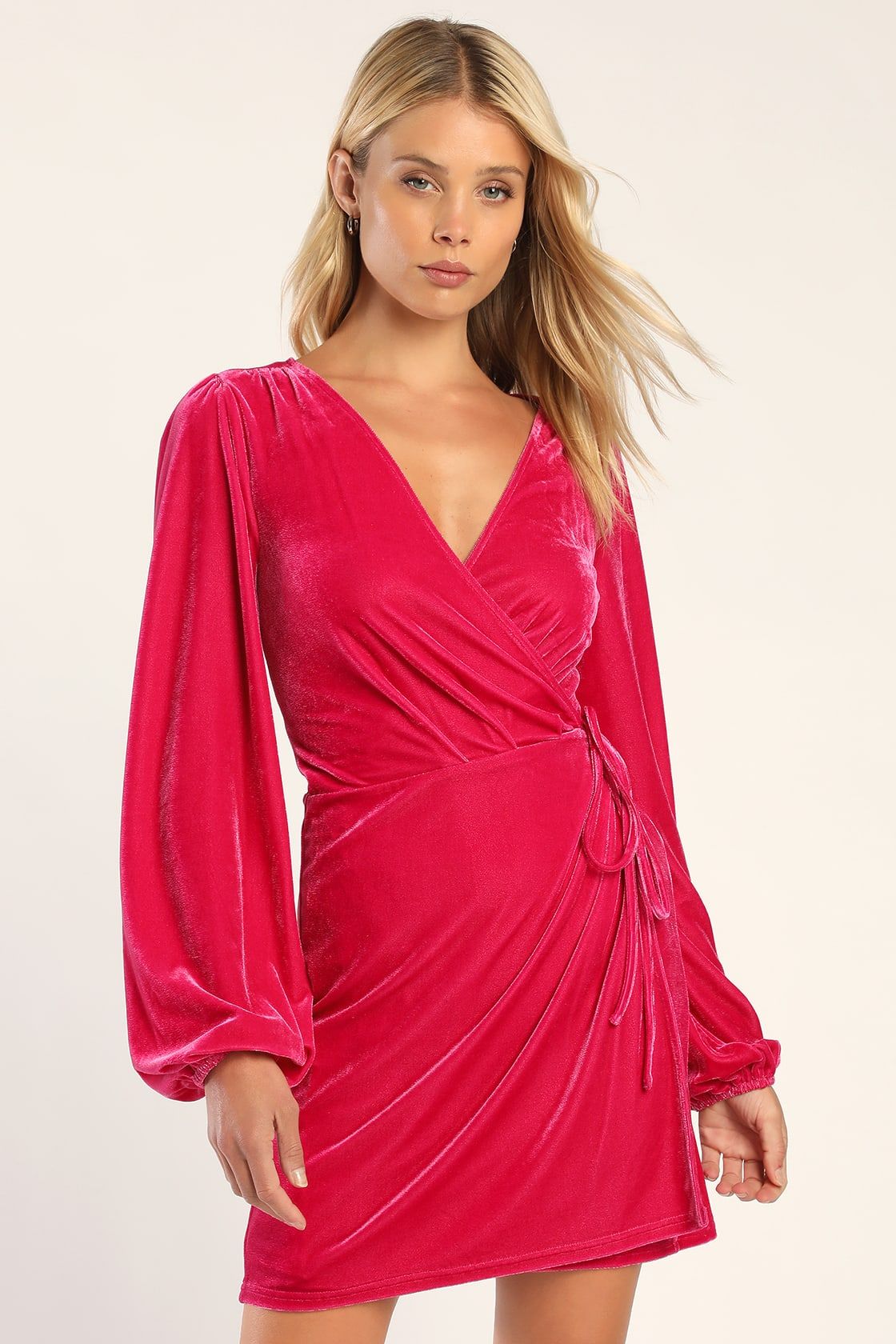 Luxe to the Touch Hot Pink Velvet Long Sleeve Wrap Mini Dress | Lulus (US)