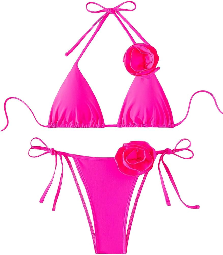 OYOANGLE Women's Bikini Set 2 Piece Floral Appliques Tie Backless Halter Triangle Swimsuit Tie Si... | Amazon (US)