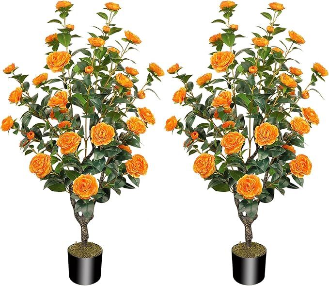 2 Pack 45"/3.7FT Artificial Tree with Camellia Flowers Fake Tree with 32 Blooming Flowers Orange ... | Amazon (US)