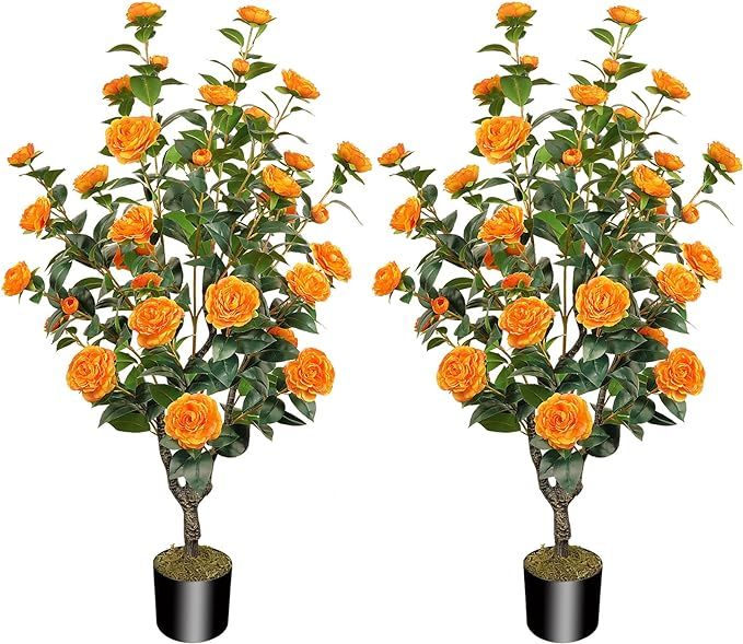 2 Pack 45"/3.7FT Artificial Tree with Camellia Flowers Fake Tree with 32 Blooming Flowers Orange ... | Amazon (US)