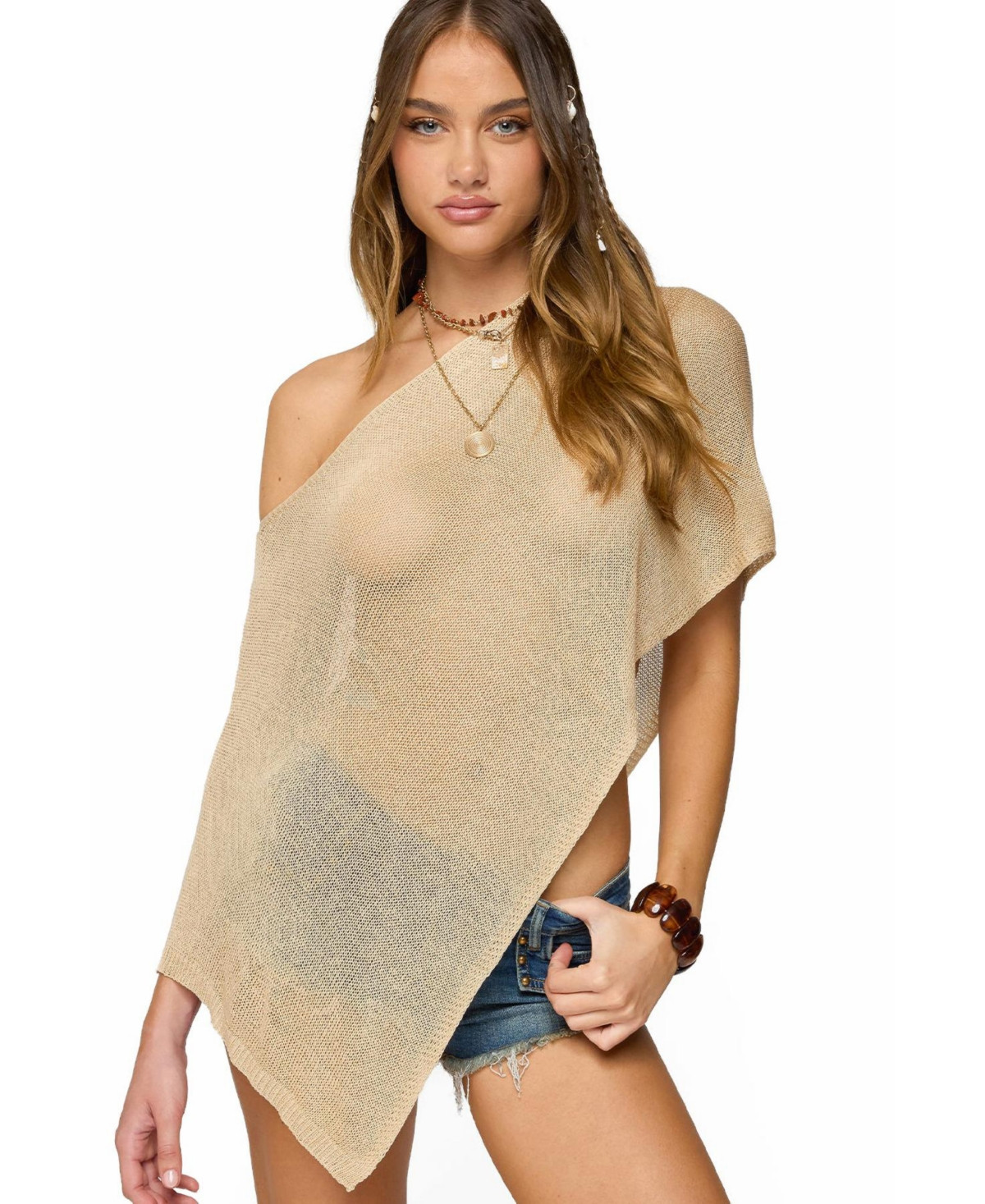 Edikted Women's Azalia Asymmetric Knit Poncho - Beige | Macy's