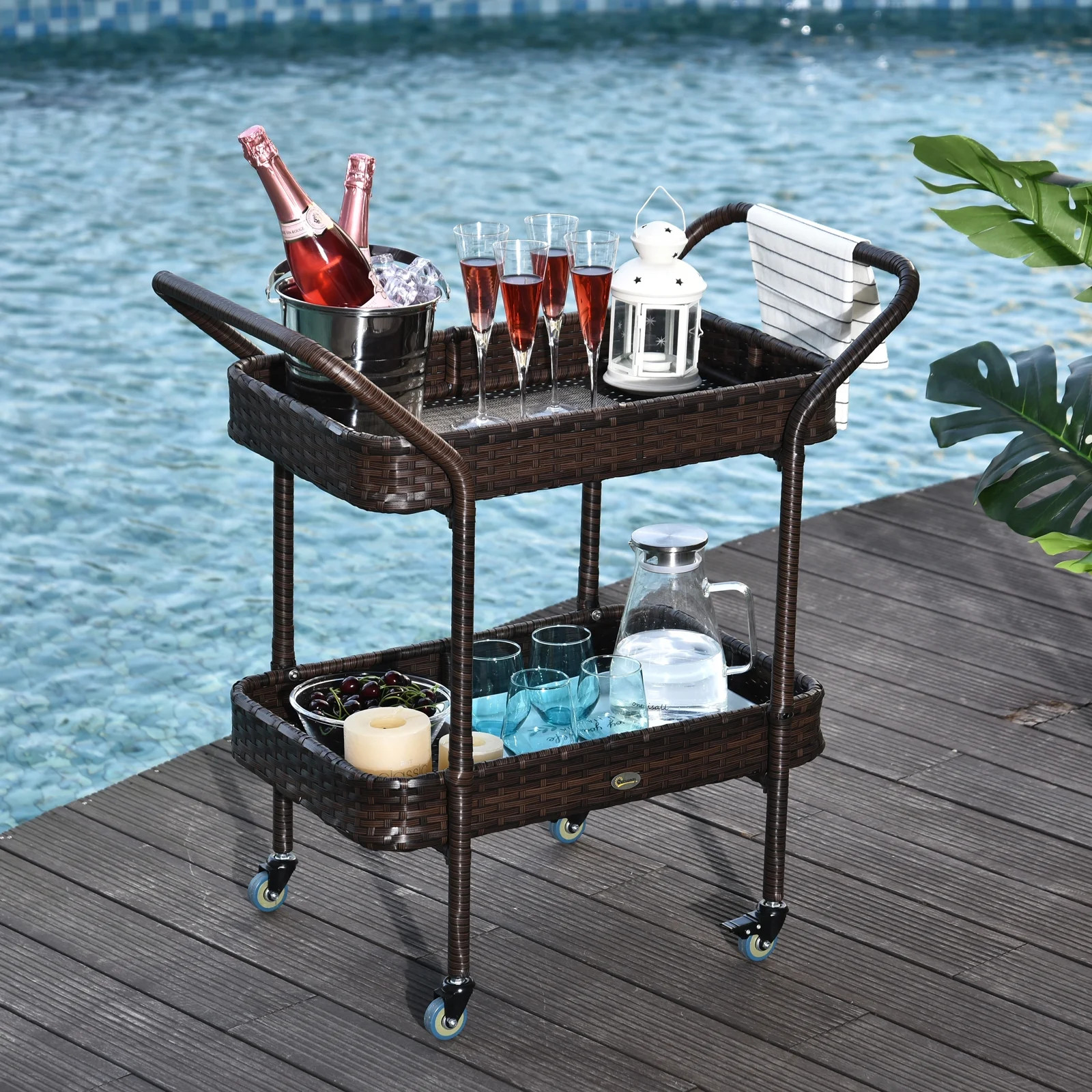 Outsunny Rattan Wicker Serving Cart with 2-Tier Open Shelf, Outdoor Wheeled Bar Cart with Brakes ... | Walmart (US)