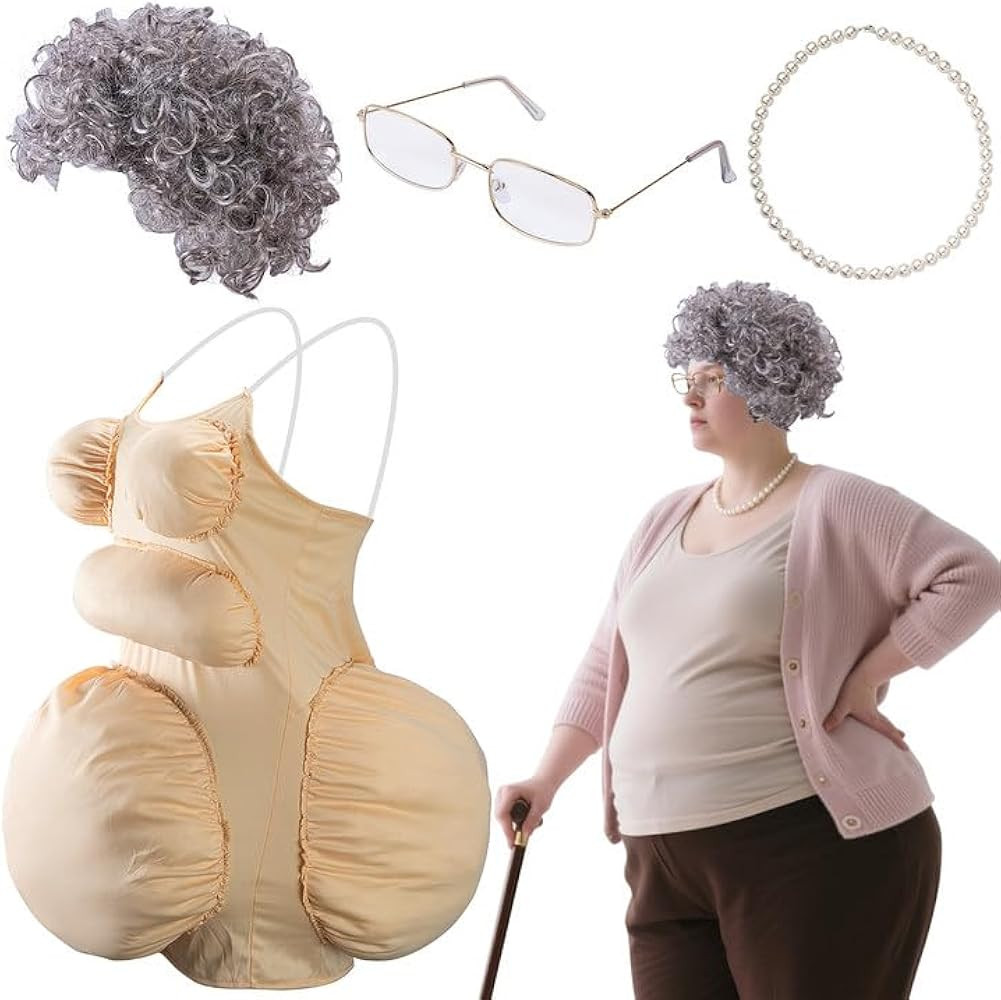 4 Pcs Halloween Fat Old Lady Costume, Fake Belly and Chest Fat Suit Includes Granny Wig Cap Glass... | Amazon (US)