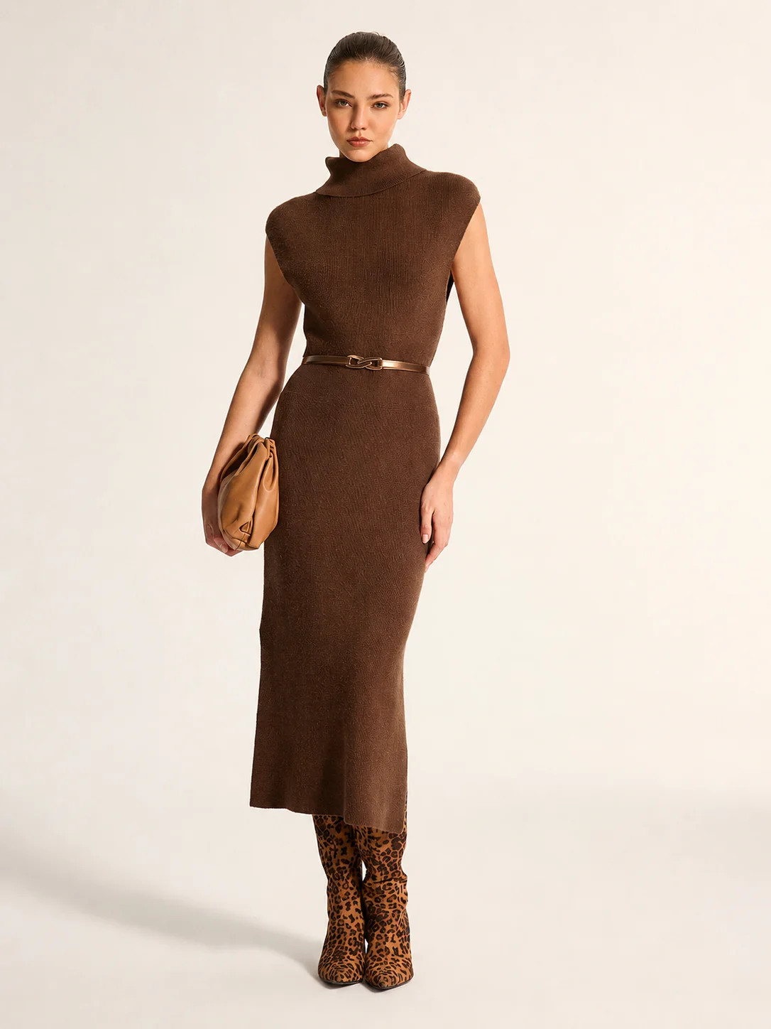 Wool Blend Turtleneck Side Slit Maxi Dress | Commense
