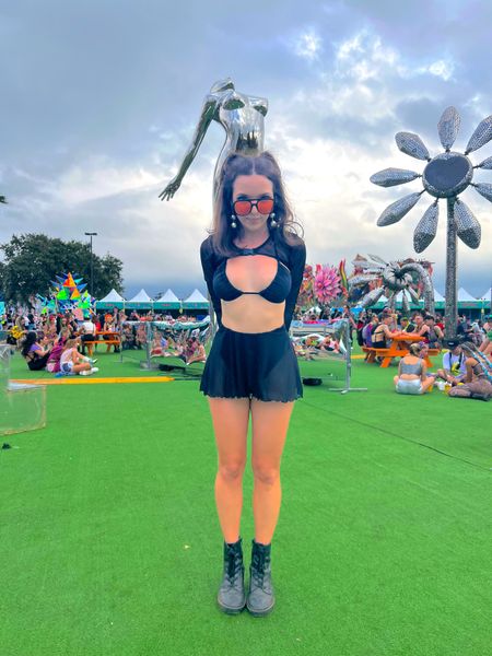 black festival outfit, festival outfit inspo, black bikini, rave outfit, black rave outfit, black 3 piece outfit, rave skirt, rave sunglasses, aviator sunglasses 