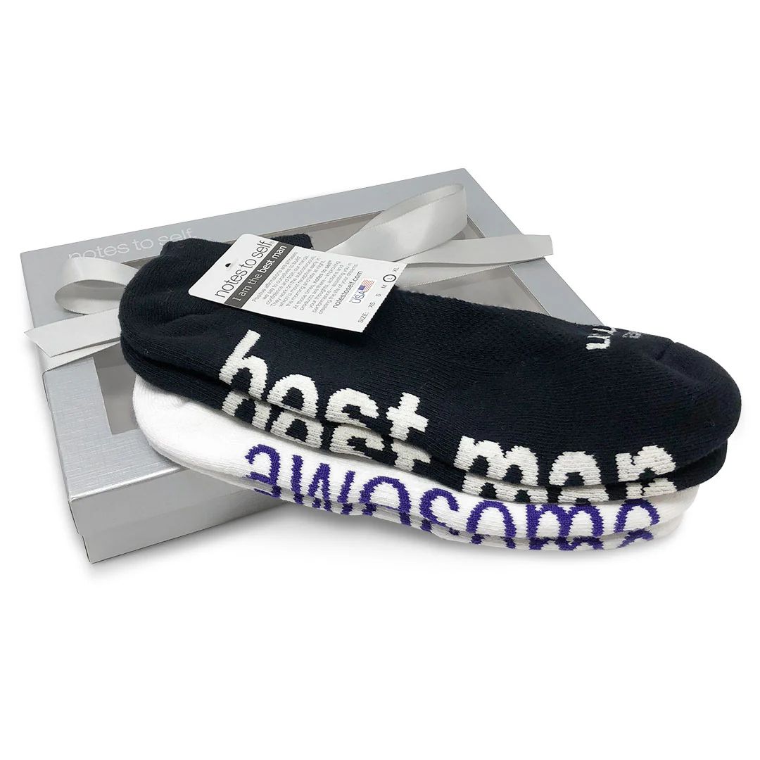 I am the best man™ + I am awesome® 2-pair sock gift set in silver gift box | notes to self