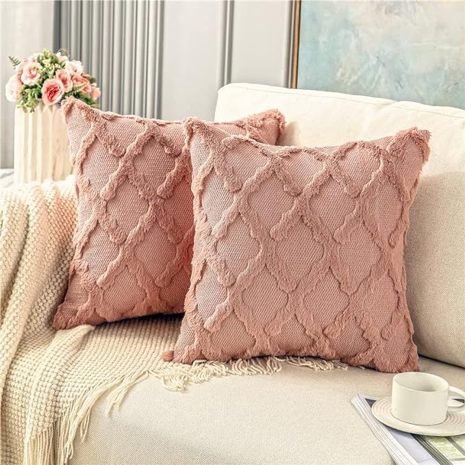 Throw Pillow Covers 16x16 Boho Decorative Pillow Covers Soft Plush Short Faux Wool Couch Pillow C... | Amazon (US)