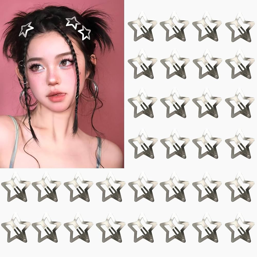 32 PCS 1.22" Star Hair Clips, Y2K Accessories, Non-Slip Metal Snap Silver Barrettes for Kids & Gi... | Amazon (US)