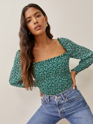 New Reformation Parsley Green Floral Long Sleeve Pinto Blouse Top Size Medium | eBay | eBay US