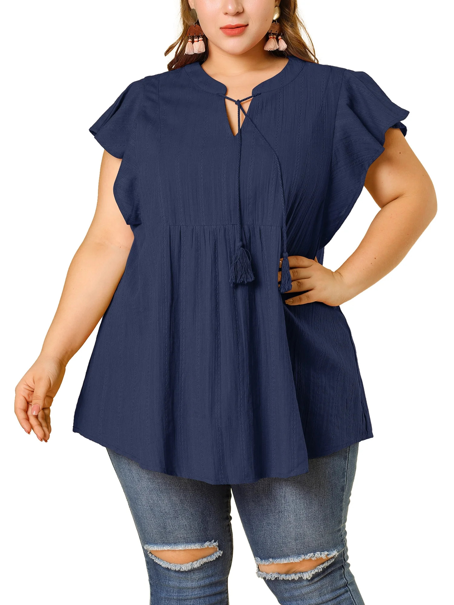 Agnes Orinda Women's Plus Size Peplum Babydoll Tie V Neck Ruffle Flowy Tunic Top | Walmart (US)