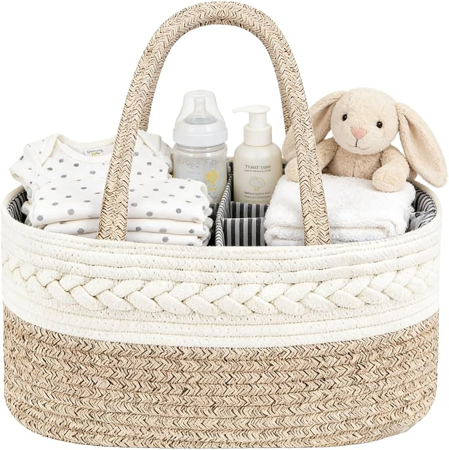Baby Nappy Caddy, Portable Nursery Storage Basket with Removable Dividers | Amazon (UK)