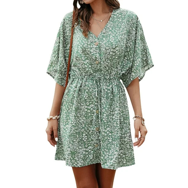 ZXZY Women Floral Printed Buttons Tie Waist Short Sleeves Mini Dress | Walmart (US)