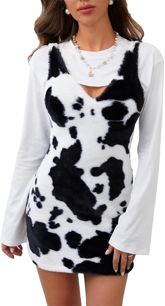 WDIRARA Women's 2 Piece Outfit Cow Print Fleece Fuzzy V Neck Fluffy Bodycon Mini Dress with Crewn... | Amazon (US)