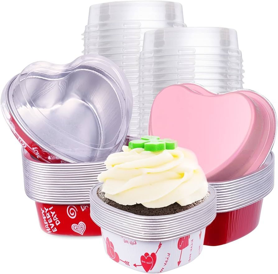 60 Pcs Heart Shaped Cake Pans with Lids, Aluminum Mini Cake Pans, 3.4 Oz/ 100ml Foil Disposable F... | Amazon (US)