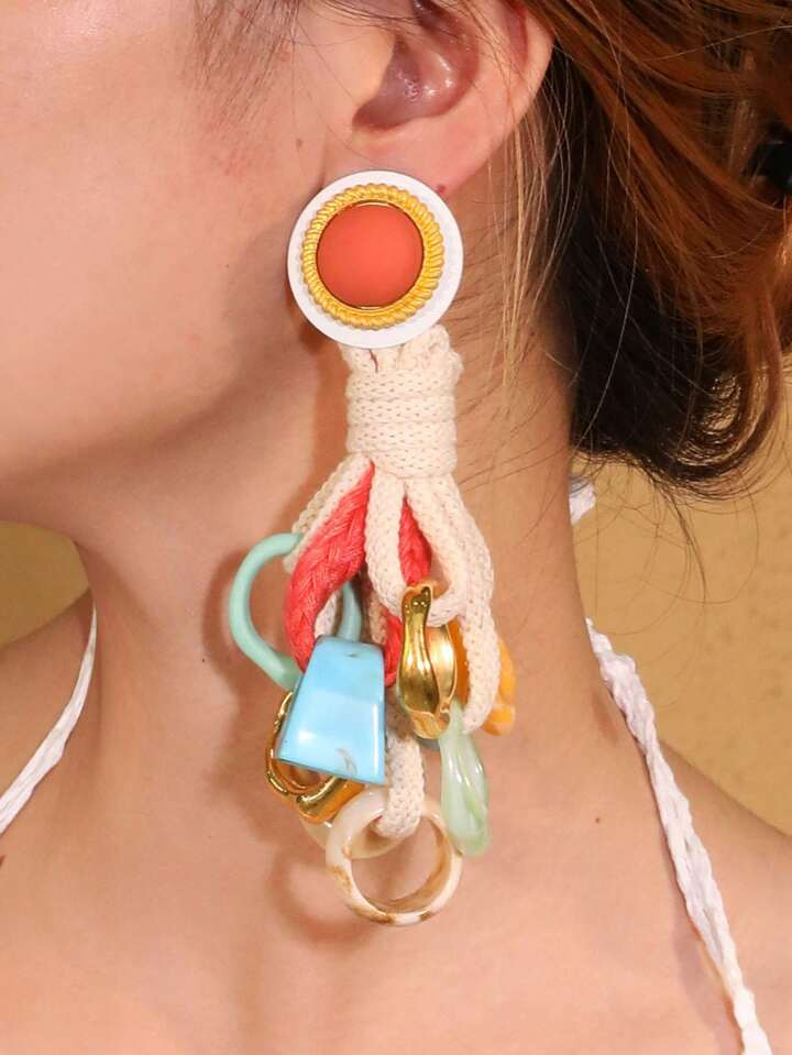 1 Pair Long Tassel Bohemian Style Earrings With Hoop & Ring Decor, Retro Unique Design Everyday Wear, Gift | SHEIN