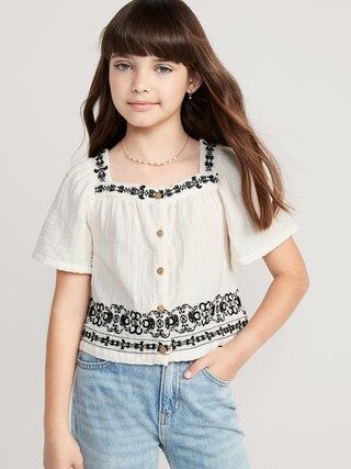 Matching Flutter-Sleeve Button-Front Embroidered-Trim Top for Girls | Old Navy (US)
