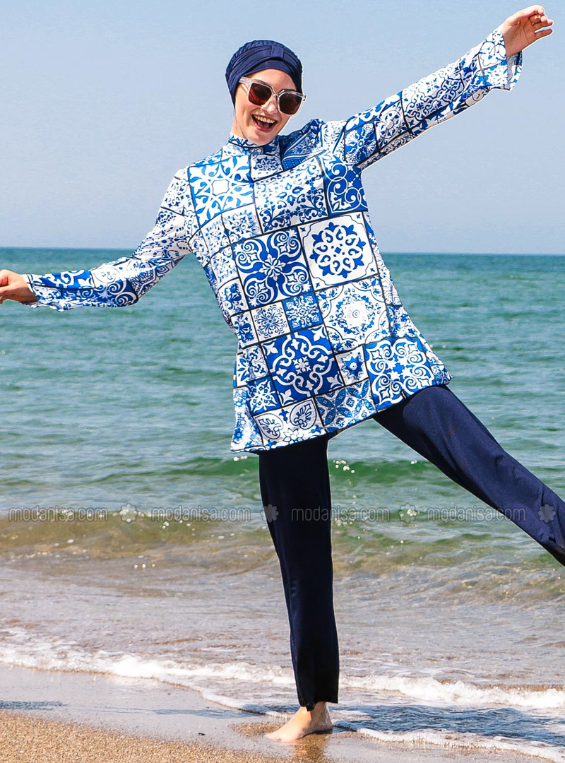 Burkini Full Covered Swimsuit Navy Blue | Modanisa (US)