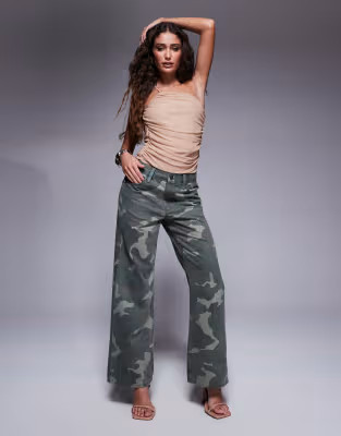 River Island Petite camo print relaxed straight jean in khaki | ASOS (Global)