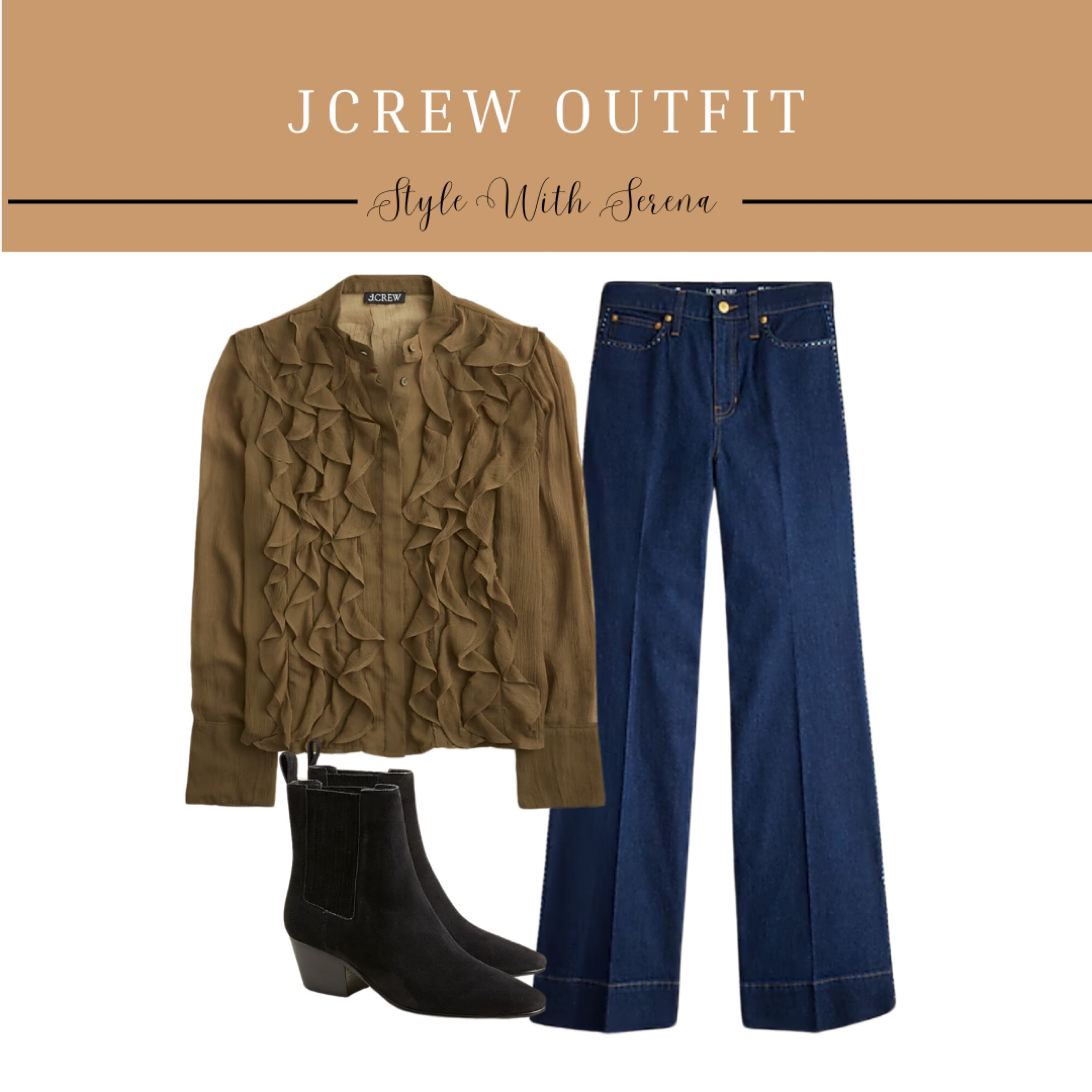 Jcrew outfit, ruffle blouse, blouse, jeans, wide leg jeans, booties, fall outfit, thanksgiving outfit 

#LTKStyleTip #LTKOver40 #LTKSeasonal