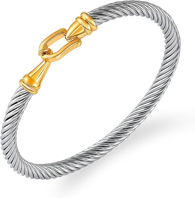 Two Tone Cable Bracelet for Women Trendy Two Tone Twisted Wire Bracelet Stainless Steel Horsehoe ... | Amazon (US)