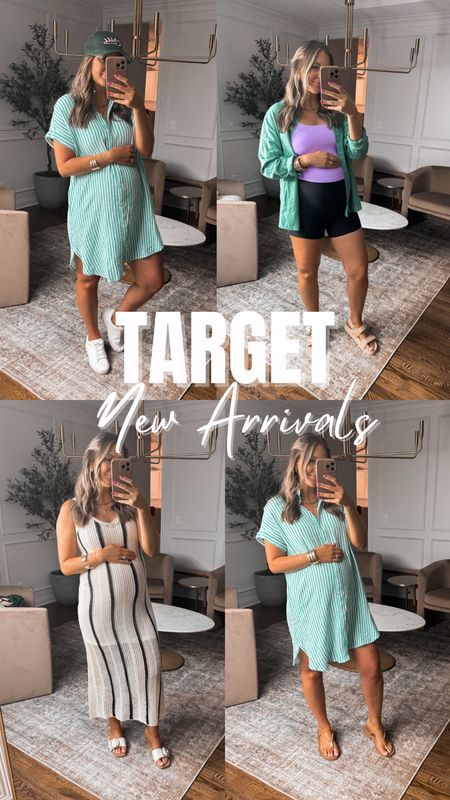 Target new arrivals all bump-friendly! Dresses perfect for summer and vacations. A sports bra tank in the cutest colors. And summer sandals and accessories lots on on sale! 

Wearing true to size in all! 
The shirt dress runs big if not pregnant I would size down one. 

#LTKfindsunder50 #LTKstyletip #LTKbump