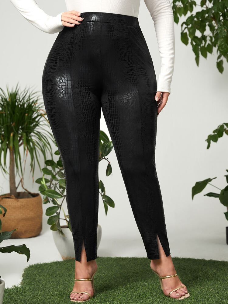 EMERY ROSE Plus Croc Embossed Split Hem PU Leather Leggings | SHEIN